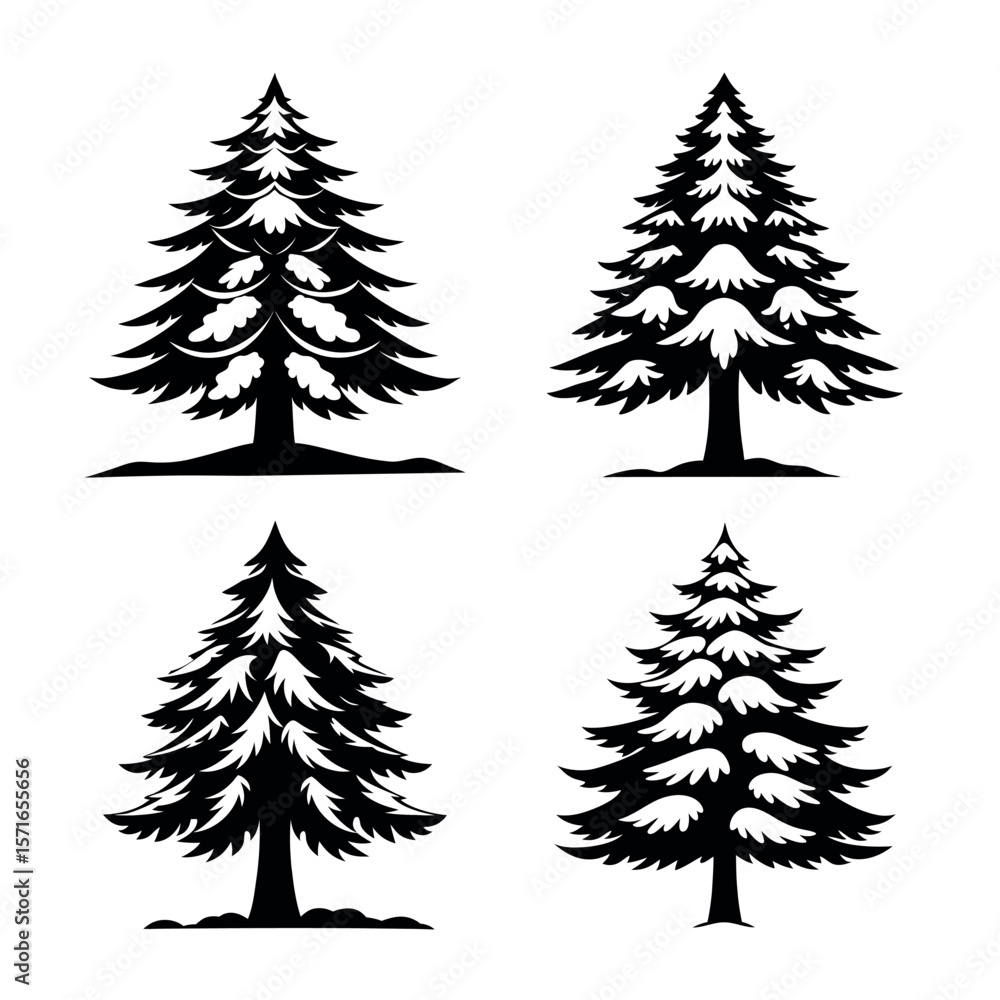 Obraz premium Collection of four distinctive black pine tree silhouettes with snow accents on white background