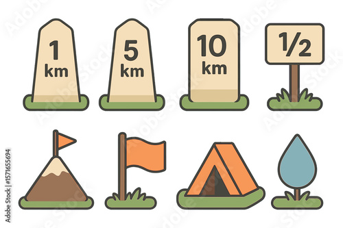 Hiking trail milestones set. simple milestone, tent, sign, flag, camp, water drop vector icons