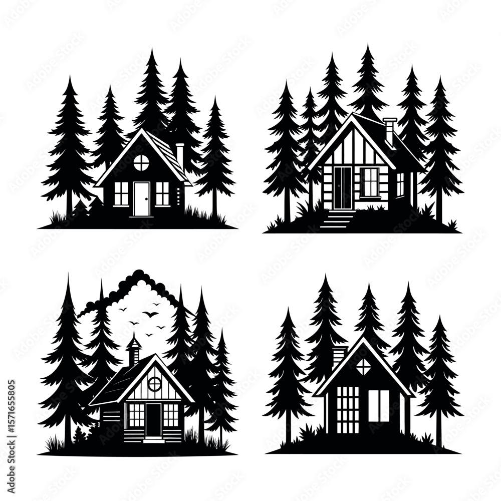 Obraz premium Collection of four rustic cabin scenes surrounded by pine trees in a graphic silhouette style