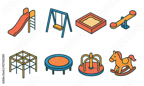 Playground equipment set. simple swing, slide, sandbox, trampoline, seesaw vector icons