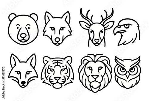 Animal head set. simple animal faces icons. bear, wolf, deer, eagle, fox, owl vector icons.