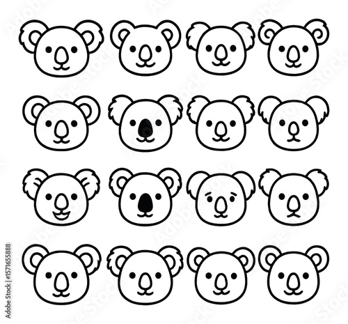 Koala head icon set. simple style koala bear faces, expressions, features vector icons.