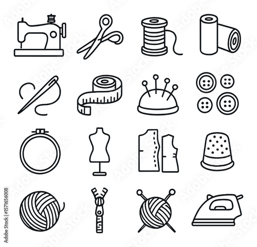 Sewing tools set. tailoring linear icons. sewing machine, scissors, needle, thread, buttons vector icons.