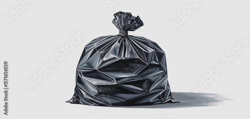 A full black garbage bag tied shut with a knot on a plain background