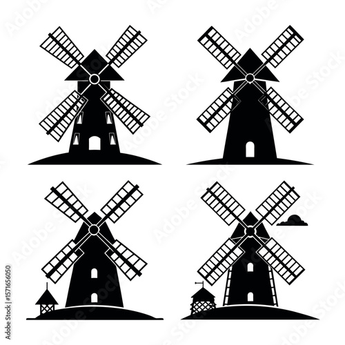 Collection of four traditional dutch windmills in black silhouette style on white background