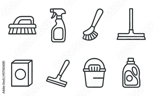 Home cleaning essentials set. simple soap, mop, spray, brush, bucket, detergent vector icons.