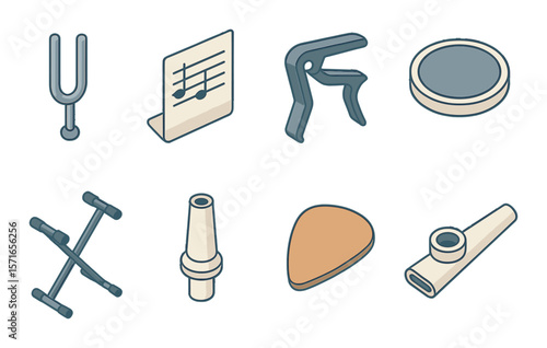 Music instrument set. simple musical tools: tuner, notation, capo, pick vector icons.