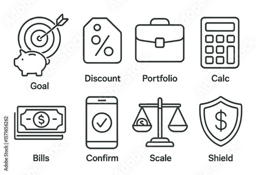 Financial icon set. simple linear finance symbols. goal, discount, portfolio, calc, bills vector icons.