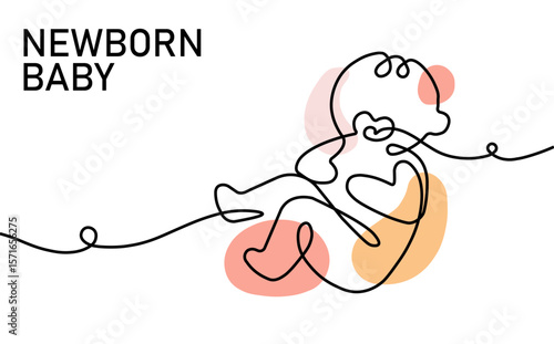 Elegant minimalist artistic depiction of a newborn baby in line art style with soft orange and pink color accents, symbolizing purity, love, and new beginnings.