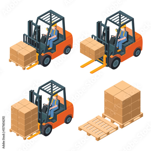 Isometric forklift trucks moving boxes on pallets in a warehouse setting