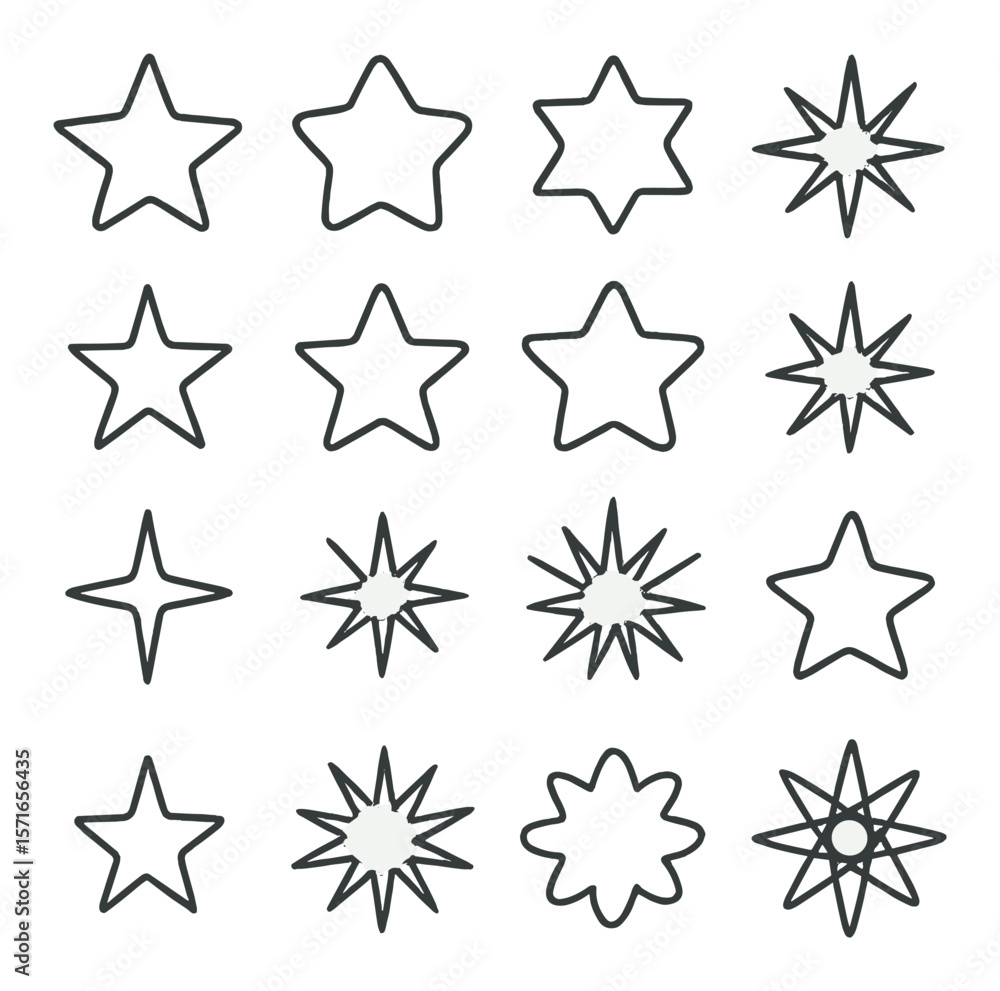 Obraz premium Star shape set. simple linear stars, variations, outlines, geometry vector icons.