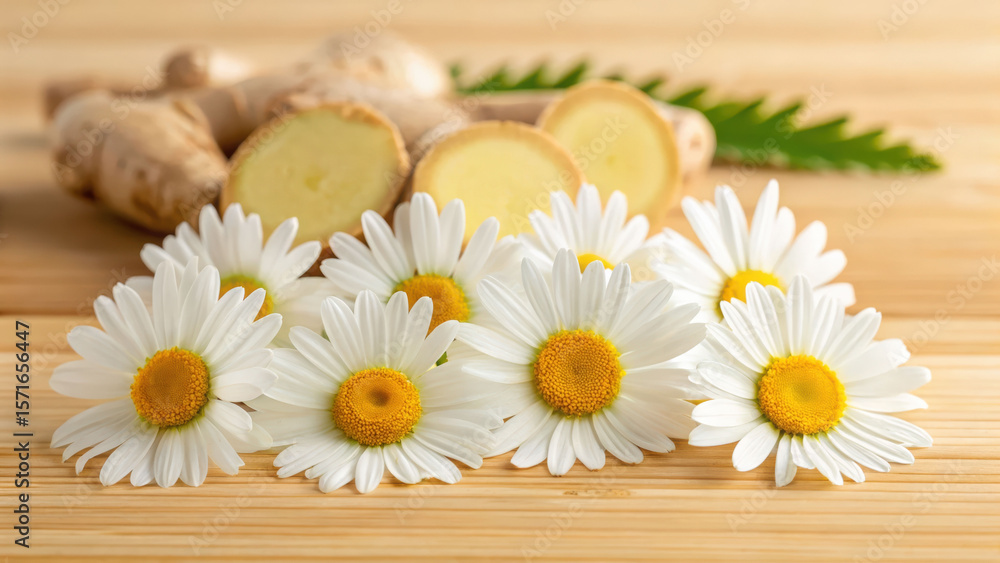 Obraz premium Chamomile flowers with fresh ginger slices on wooden surface create natural and soothing scene full of calming and warm tones