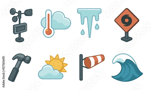 Weather and tools set. simple weather, tools, hammer, cloud, thermometer, wave vector icons