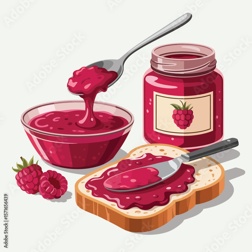 Delicious raspberry jam being spread on toast with fresh berries and a jar