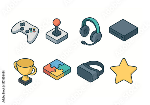 Gaming icon set. simple linear gamepad, joystick, headset, vr, puzzle, trophy vector icons.