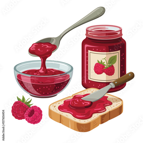 Delicious raspberry jam being spread on toast with fresh berries and a jar