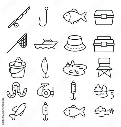 Fishing gear set. simple fishing rod, hook, fish, boat, bait vector icons.