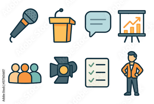 Public speaking set: simple icons of microphone, podium, chart, checklist, audience vector icons
