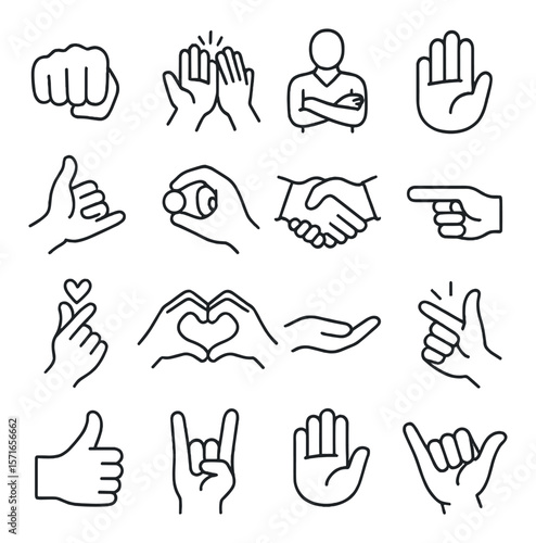 Gesture icon set. simple gesture linear icons: hand, fist, thumbs up, shake, heart, vector icons.
