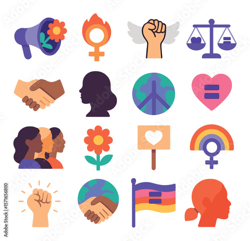 Feminist symbols set. equality, empowerment simple icons. fist, gender, peace, globe vector icons.