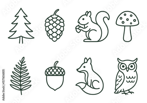 Forest icon set. nature elements simple icons. tree, pinecone, squirrel, mushroom vector icons.