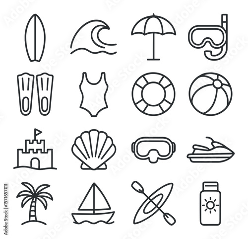 Beach activity set. summer fun linear style. surfboard, sun, umbrella, snorkel vector icons.