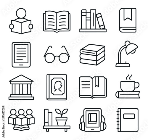 Reading essentials icon set. library, book, glasses, ebook, lamp, cup linear vector icons.
