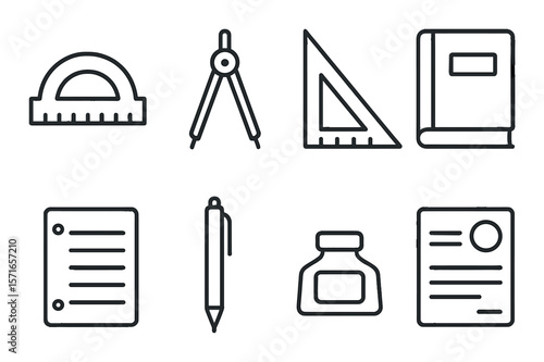 School supplies set. essential study tools simple icons. ruler, pen, book, paper, inkwell vector icons.