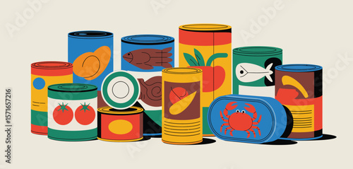 Collection of colorful canned goods featuring fruits vegetables and seafood illustrations