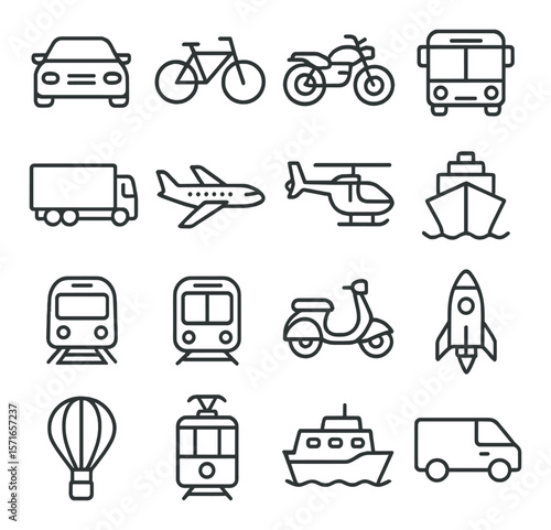 Transport icon set. simple linear vehicles. car, bike, bus, plane, train vector icons.