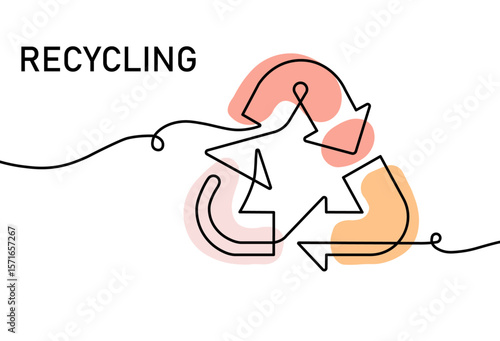 Recycling symbol illustrated with a line art style and abstract colorful accents, promoting environmental awareness, sustainability, and waste reduction.