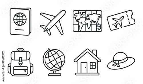 Travel essentials set. affordable travel silhouette icons: passport, plane, map, ticket, backpack, globe, house, hat vector icons.