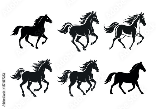 Collection of six elegant black horse silhouettes in dynamic galloping poses