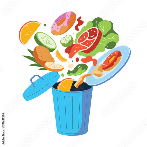 Various foods and donuts are being thrown into a blue trash can