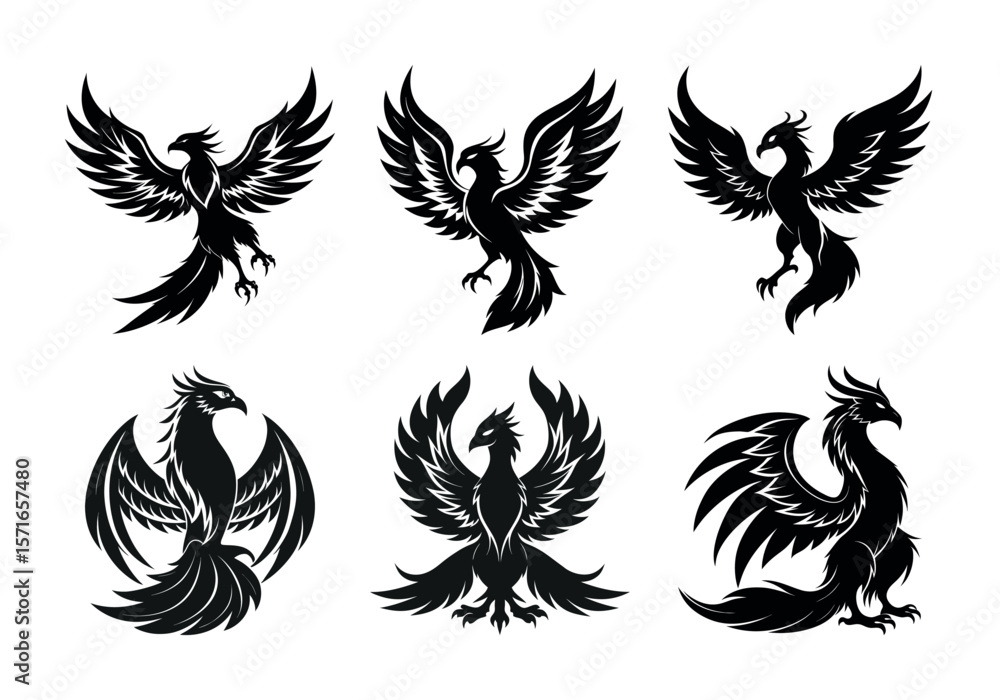 Obraz premium Collection of six stylized black phoenix bird silhouettes in various poses and designs silhouette