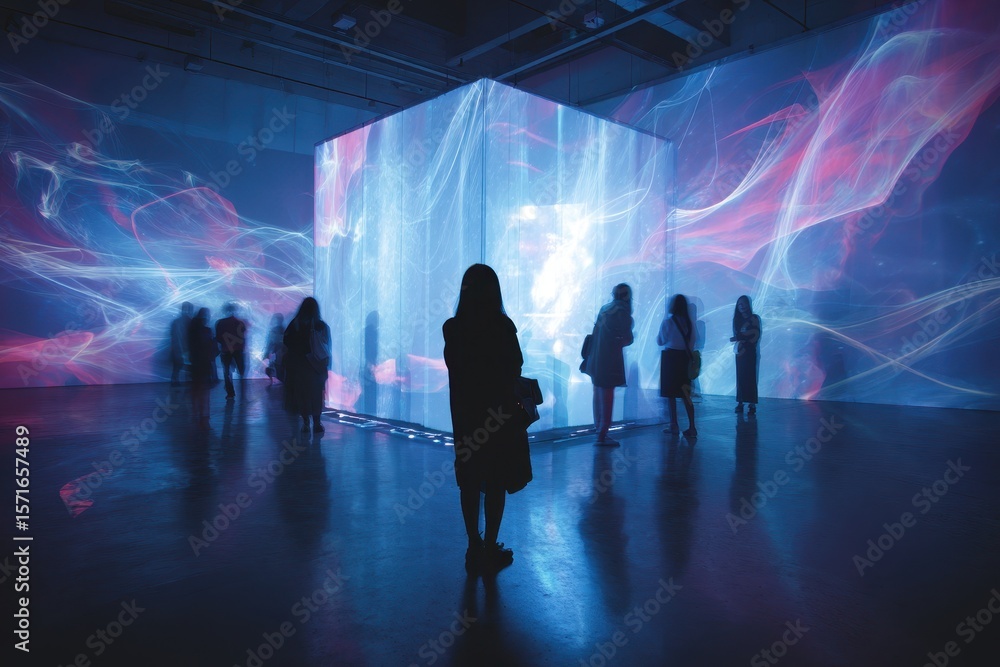 Fototapeta premium Immersive interactive digital art installation engages visitors with vibrant projections and dynamic atmosphere in modern gallery space