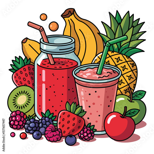 Assortment of fresh fruit smoothies and berries for a healthy lifestyle