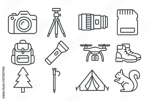 Outdoor gear icon set. simple camping, hiking, camera, boot, tent, squirrel, tripod vector icons.