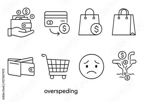 Overspending icon set. simple linear icons: wallet, credit card, bag, shopping cart, sad face
