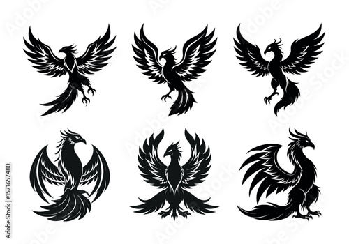 Collection of six stylized black phoenix bird silhouettes in various poses and designs silhouette