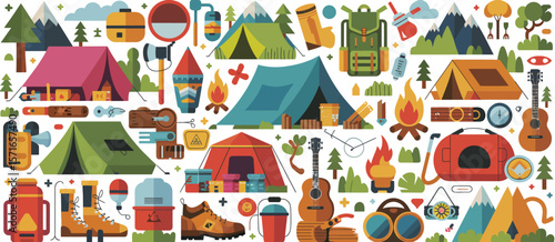 Collection of camping gear and outdoor adventure elements in flat design style