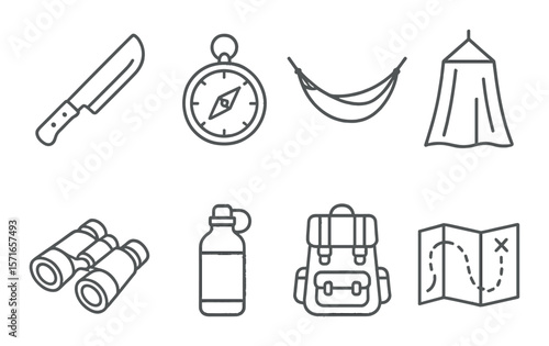 Exploration gear set. outdoor adventure silhouette compass, tent, map, backpack vector icons.