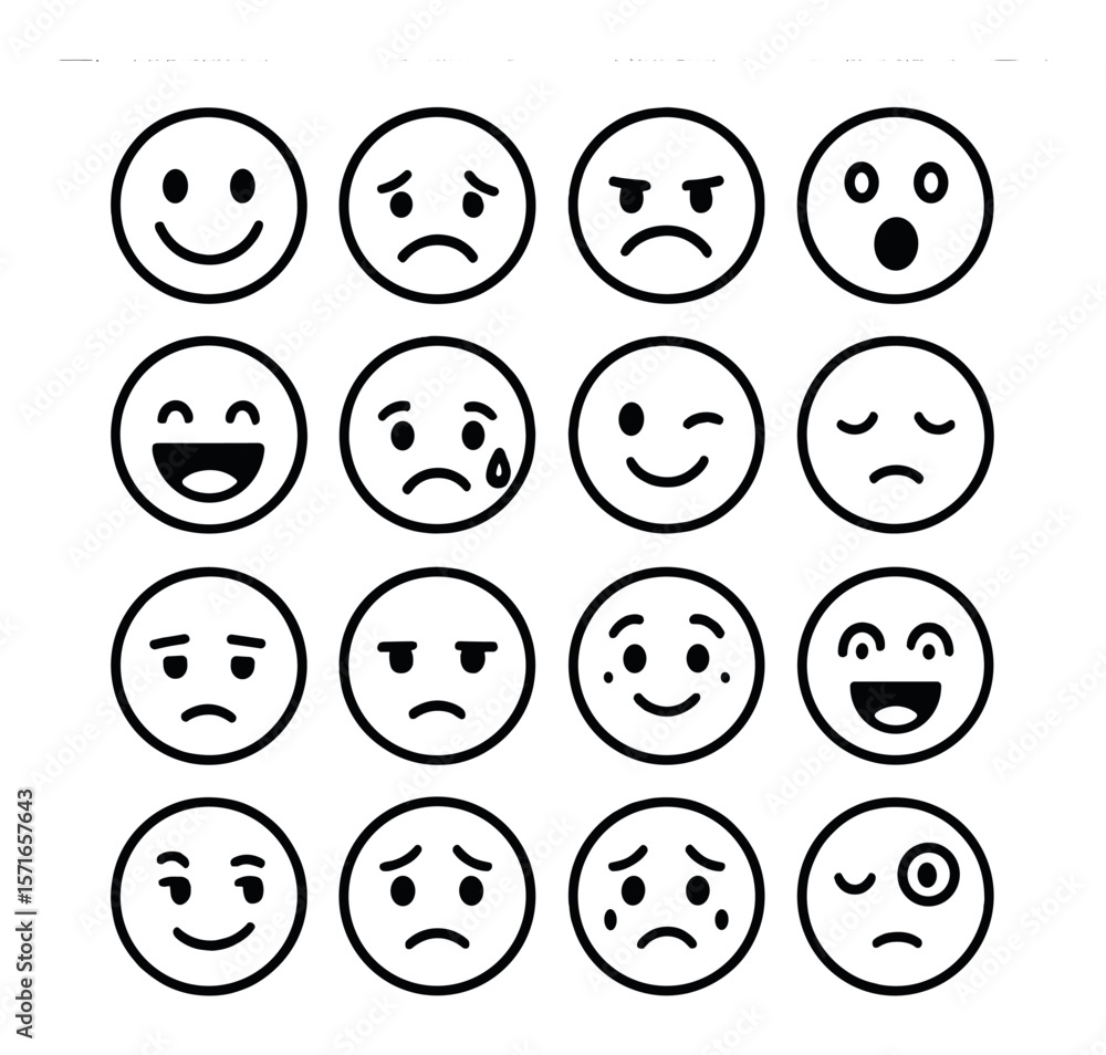 Emotional faces set. simple emoticons, smileys, expressions, moods, icons vector set Emotional faces set. simple emoticons, smileys, expressions, moods, icons vector set