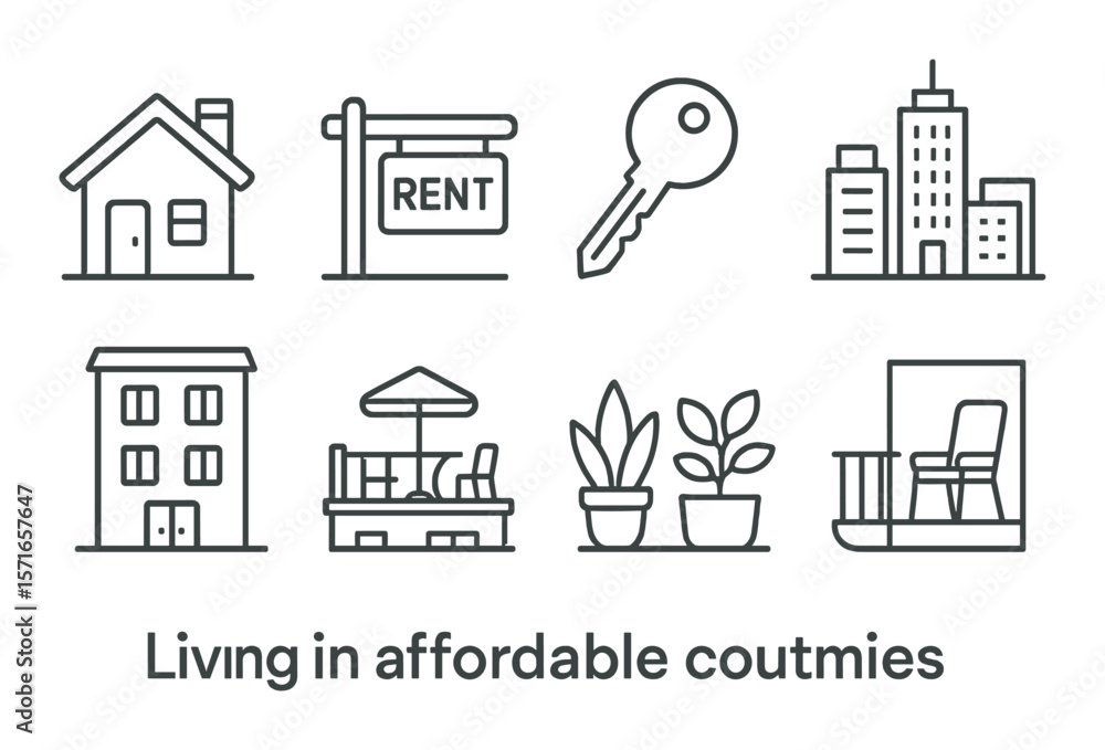 Fototapeta premium Affordable living set. housing, rent, key, cityscape, plants linear vector icons.
