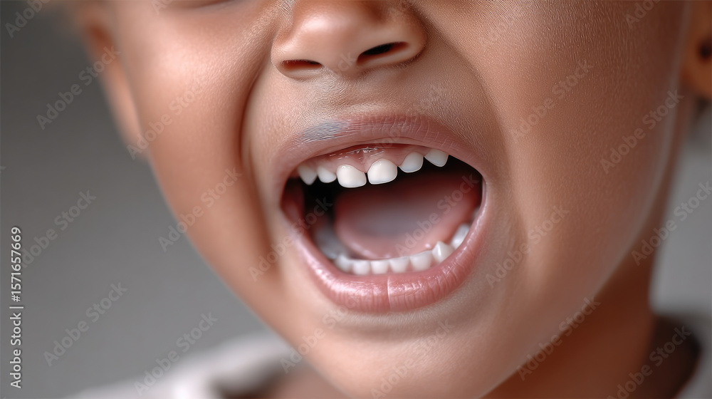 Obraz premium Open mouth of young child showing teeth, close up of face with emotional expression, healthy gums, natural skin tone