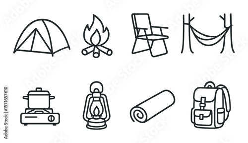 Campsite essentials icon set. camping gear silhouette: tent, fire, chair, hammock vector icons.