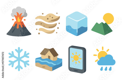 Weather icon set. simple style symbols: volcano, wind, ice, sun, mountain vector icons.