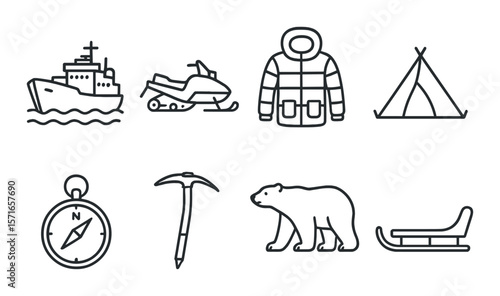 Polar expedition icon set. simple style: ship, snowmobile, jacket, tent, compass vector icons.