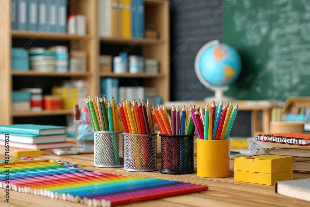 Colorful classroom supplies and bright learning environment inspire creativity in an engaging educational setting Colorful classroom supplies and bright learning environment inspire creativity in an engaging educational setting