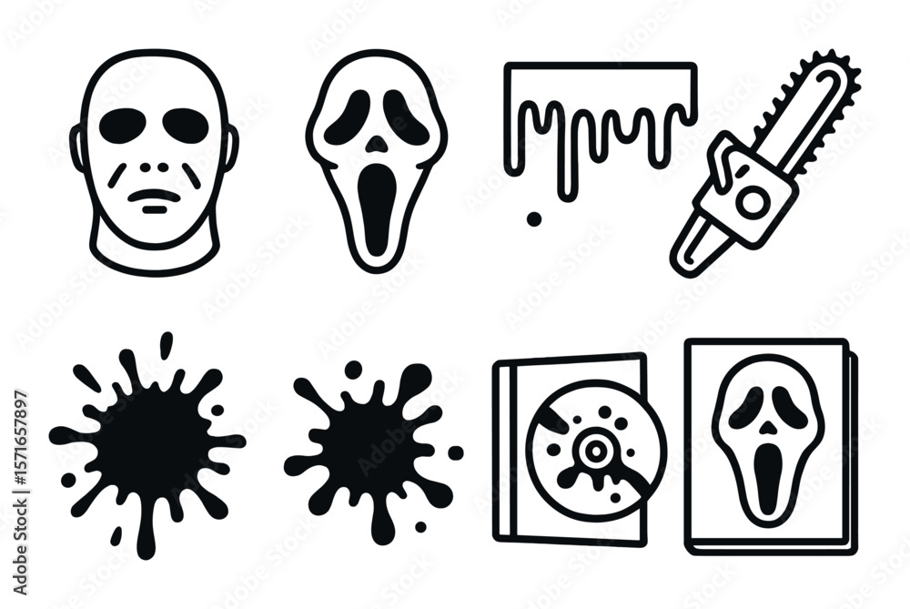 Horror icon set. scary simple silhouettes. mask, scream, chainsaw, dvd, splatter vector icons. Horror icon set. scary simple silhouettes. mask, scream, chainsaw, dvd, splatter vector icons.